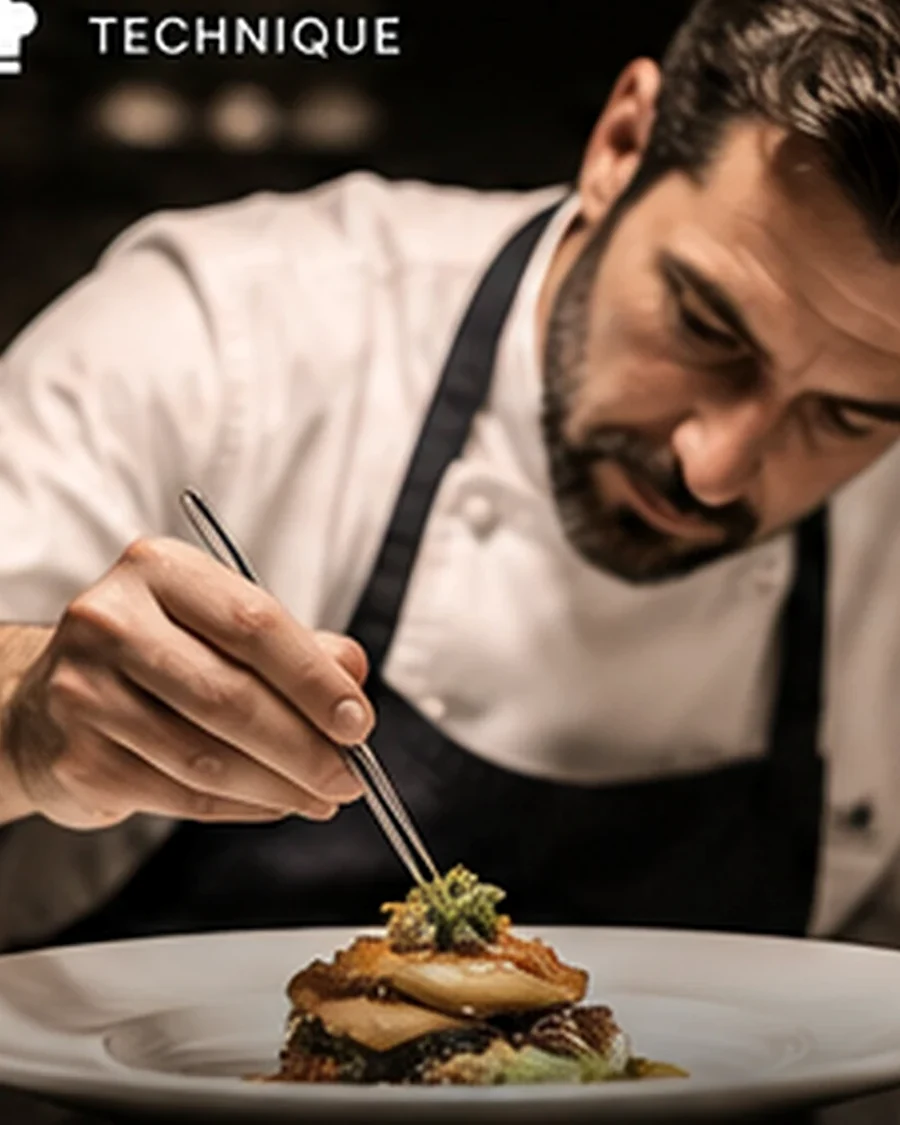 Chef demonstrating modern Mediterranean plating technique