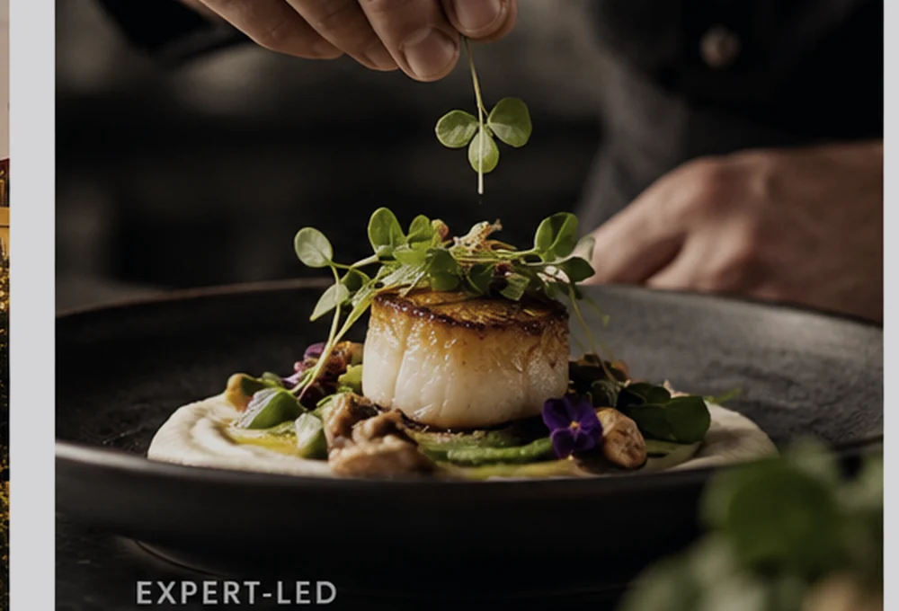 Culinary expert plating a dish in a professional setting
