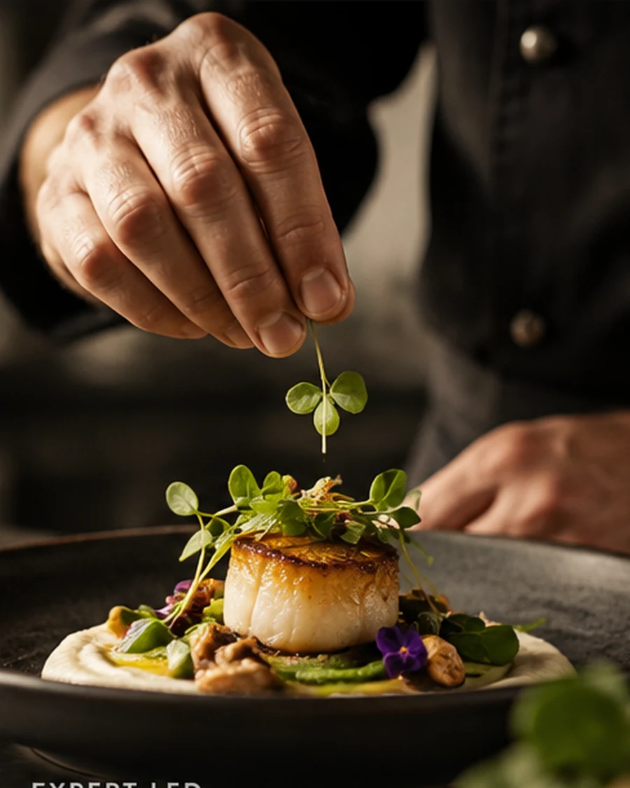 Chef adding final herbs to a plated dish in a professional kitchen