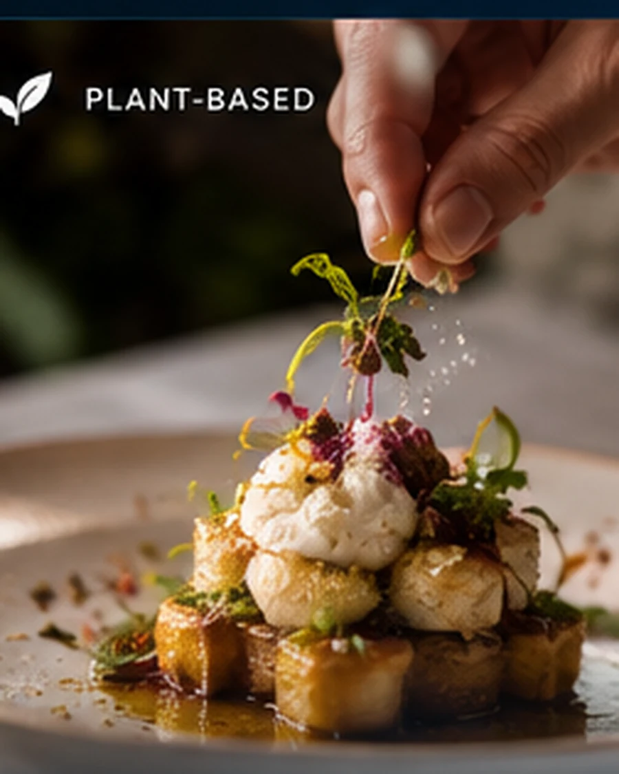 Plant-based fine dining plate being finished by a culinary expert